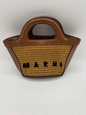 Marni Tan Leather & Straw Mini Tote with Black Logo